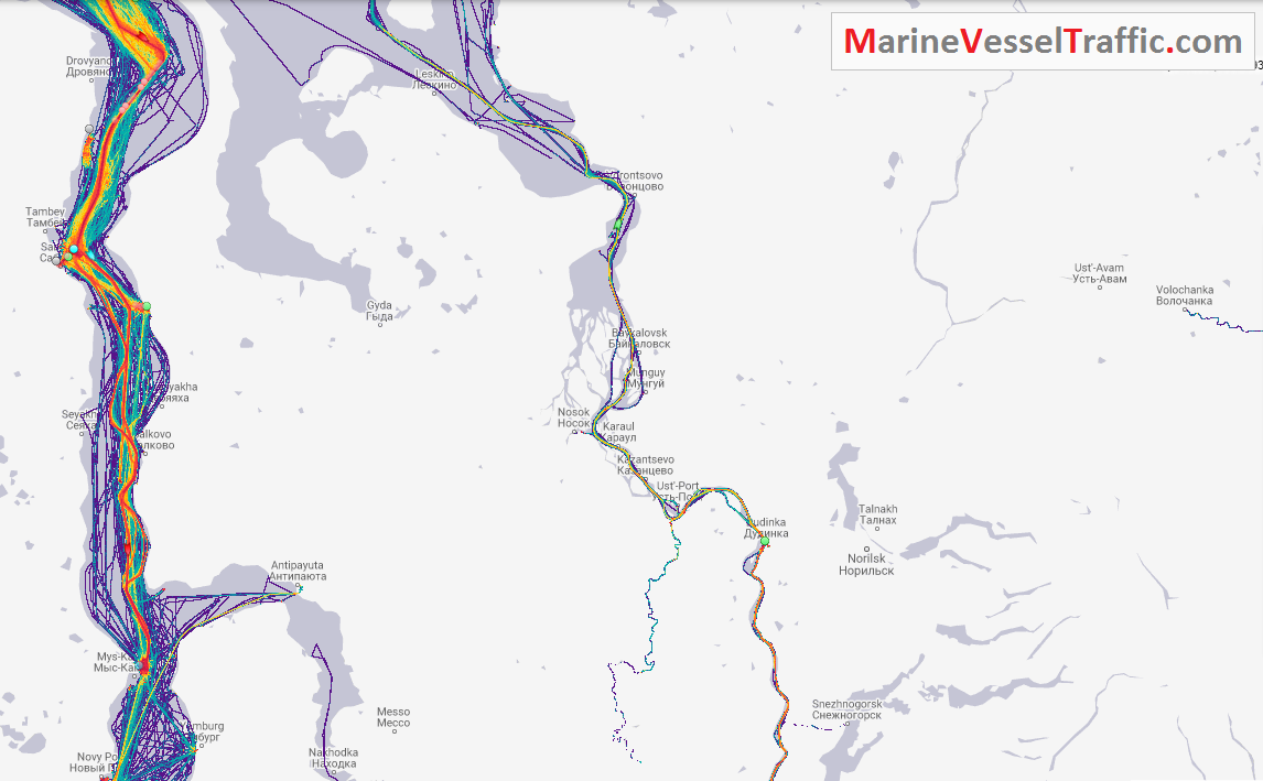 Live Marine Traffic, Density Map and Current Position of ships in YENISEY RIVER